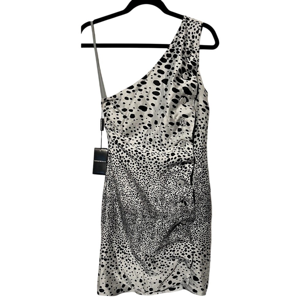 Emporio Armani Y2K Silk One-Shoulder Mini Dress NWT EU38 US8 Grey Polka Dot